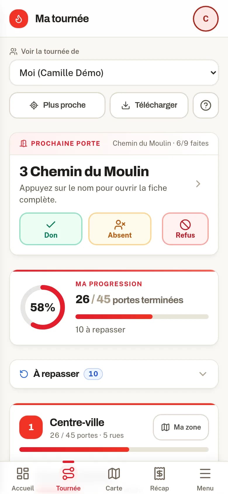 Écran Ma tournée : progression et prochaines portes